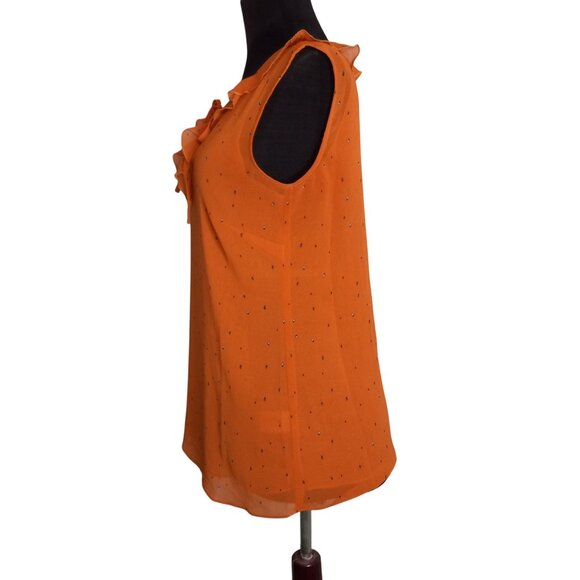 Cabi XS Tank Top Blouse Sleeveless Orange Sprinkle Polka Dot Ruffle Collar 3764 - Picture 2 of 9